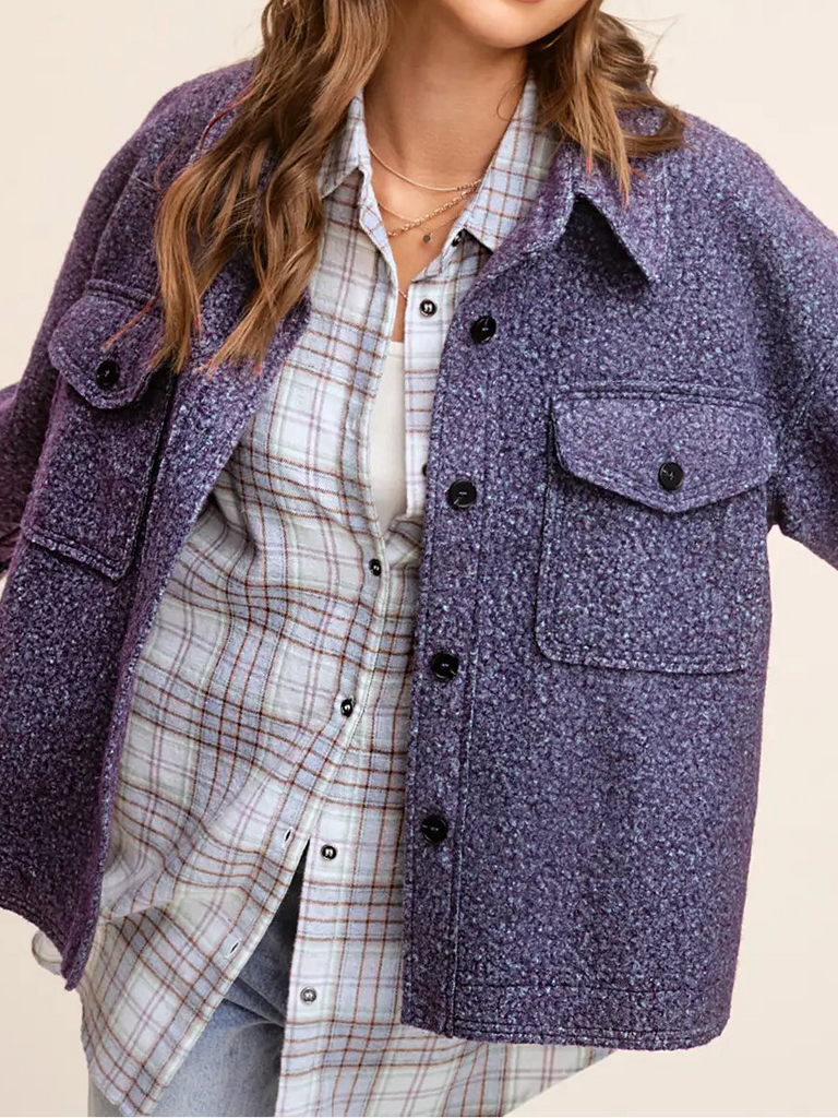Textured Fuzzy Fabric Button Down Jacket (Space)