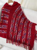 Striped Hooded Knitted Fringed Cape Shawl