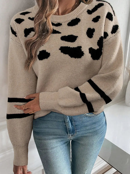 Khaki Leopard Print Drop Shoulder Knit Sweater
