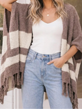 Cozy Color Block Fringe Shawl Cardigan in Mocha