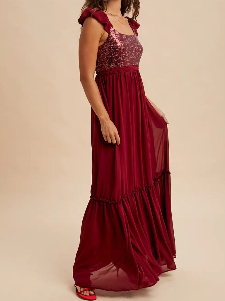 Contrast Sequin Maxi Dress in Merlot