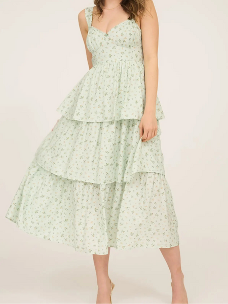 Floral Corset Ruffle Tiered Midi Dress (Sage)