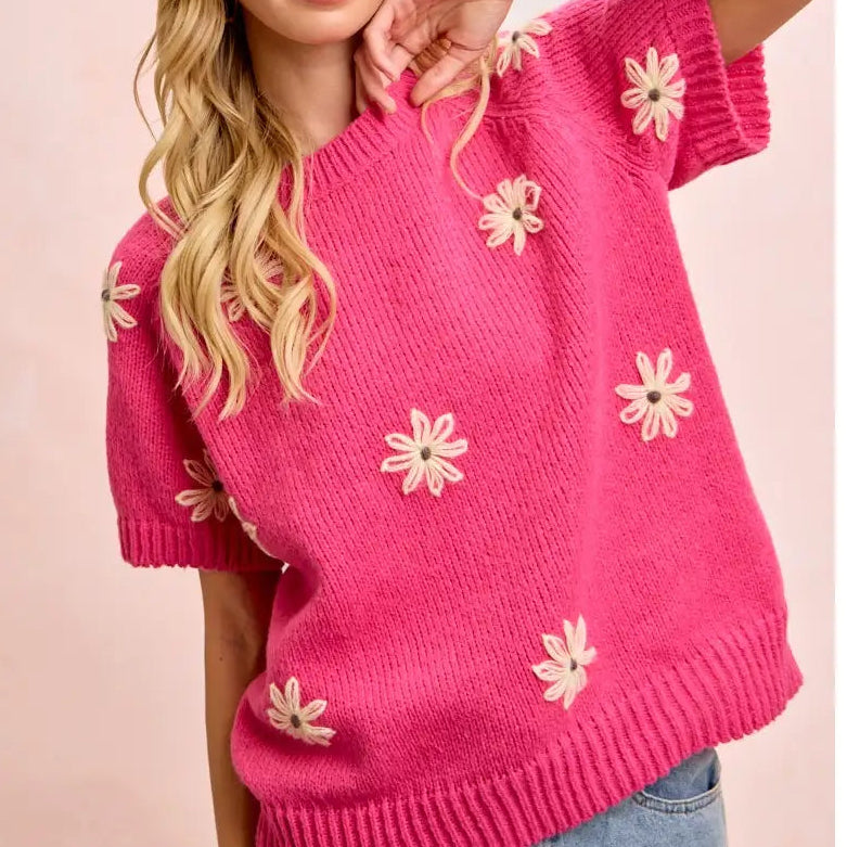 Flower Embroidered Short Sleeves Knit Top