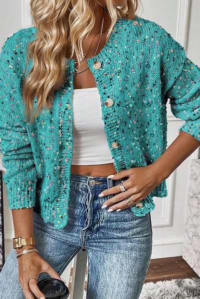 Aruba Blue Rhinestone Decor Multicolor Confetti Sweater Cardigan