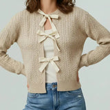 Plus Size Tied Bow Cable Cardigan in Oatmeal