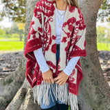 Red Western Boho 3D Textured Paisley Fringe Ruana Cardigan
