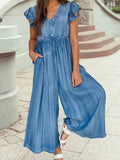 Ruffled Short Sleeve Wide Leg Denim Jumpsuit