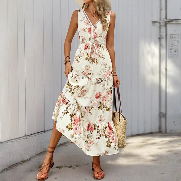 Sleeveless Deep V-Neck Loose Plain Long Maxi Casual Dress