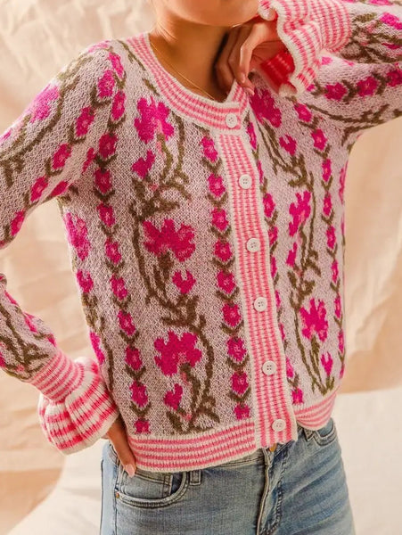 Floral Intarsia Button Up Sweater- Pink