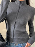 Striped Zipper Large Pocket Fitted Active Wear Jacket