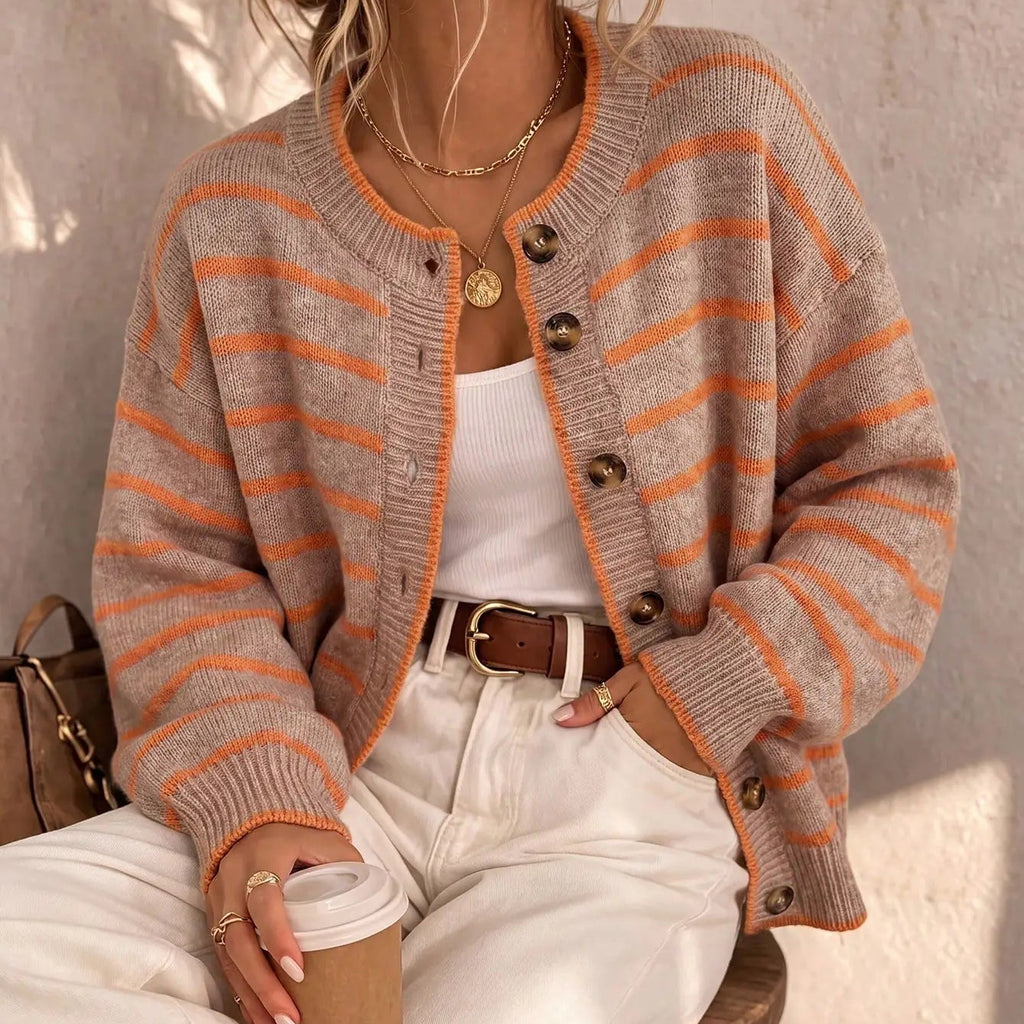 Contrast Pin Striped Vintage Ribbed Knit Cardigan Top in Coffee