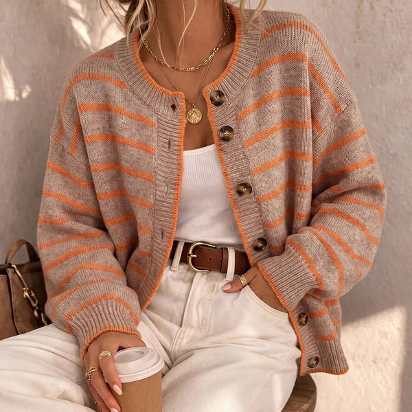Contrast Pin Striped Vintage Ribbed Knit Cardigan Top in Coffee