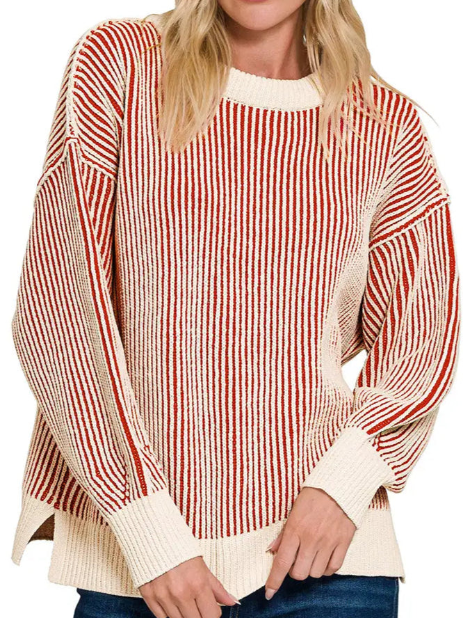 Two Tone Crewneck Sweater- Ruby Red