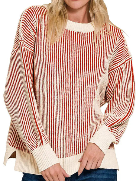 Two Tone Crewneck Sweater- Ruby Red