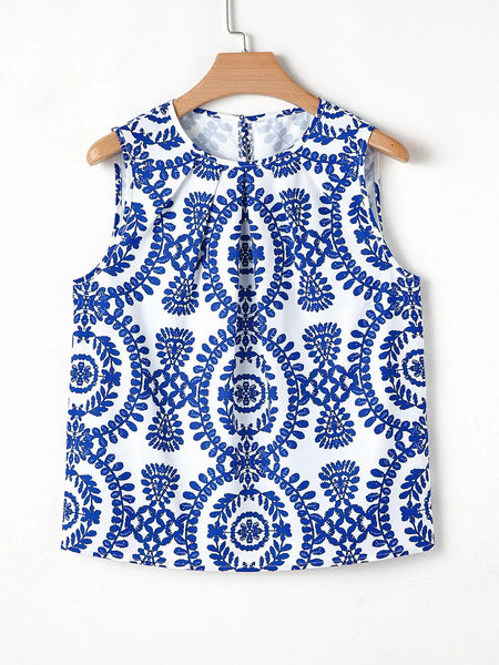 Blue Vintage Print Pintuck Crew Neck Tank Top