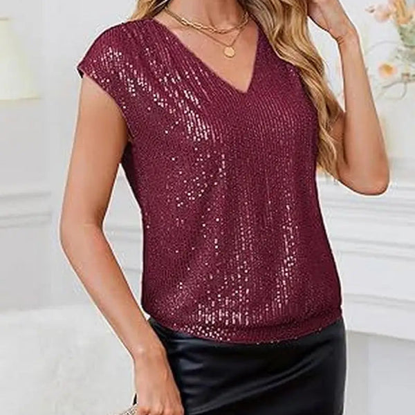 Raglan Sleeve Sequined Slim V-Neck Solid Color Top