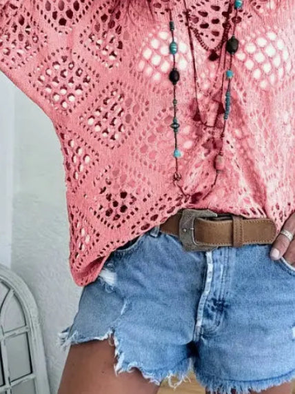 Diamond Hollow Batwing Sleeve Sweater Top (Pink)