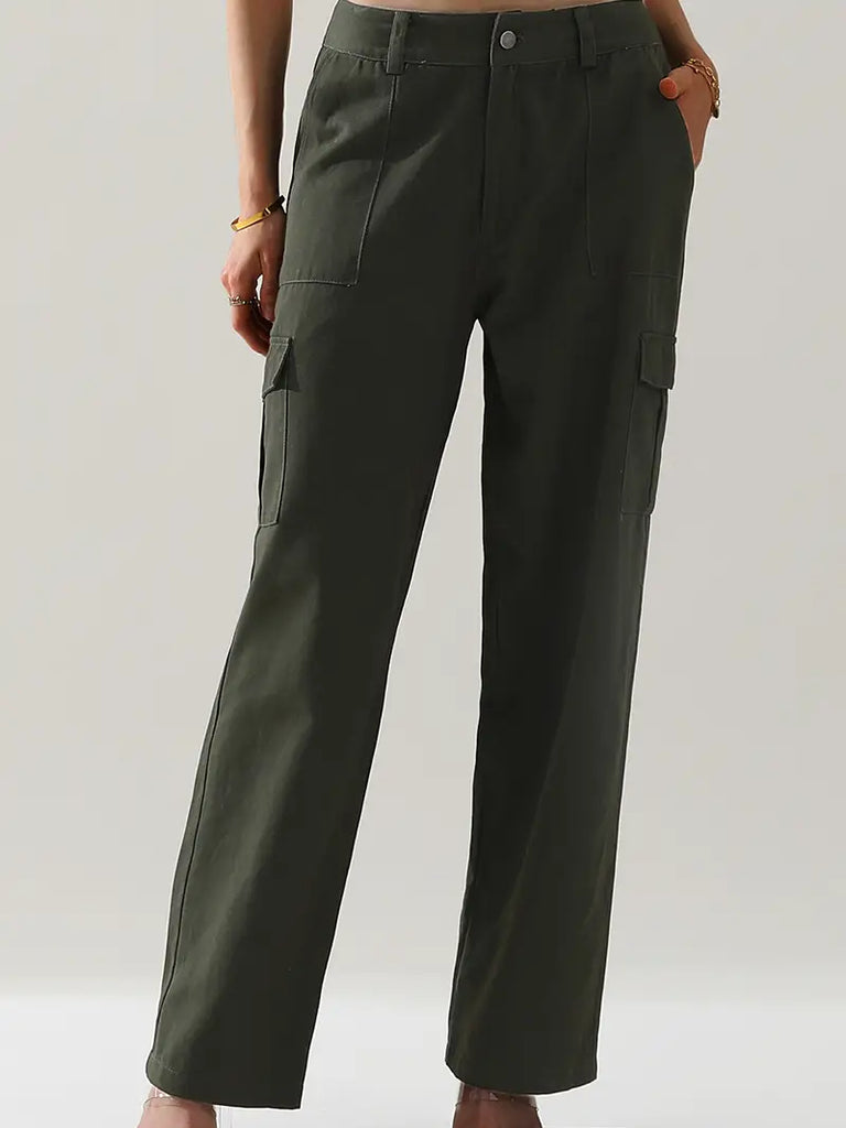 Cargo Cotton Pants Wide Leg Casual Pants 4 Pockets (Army Green)