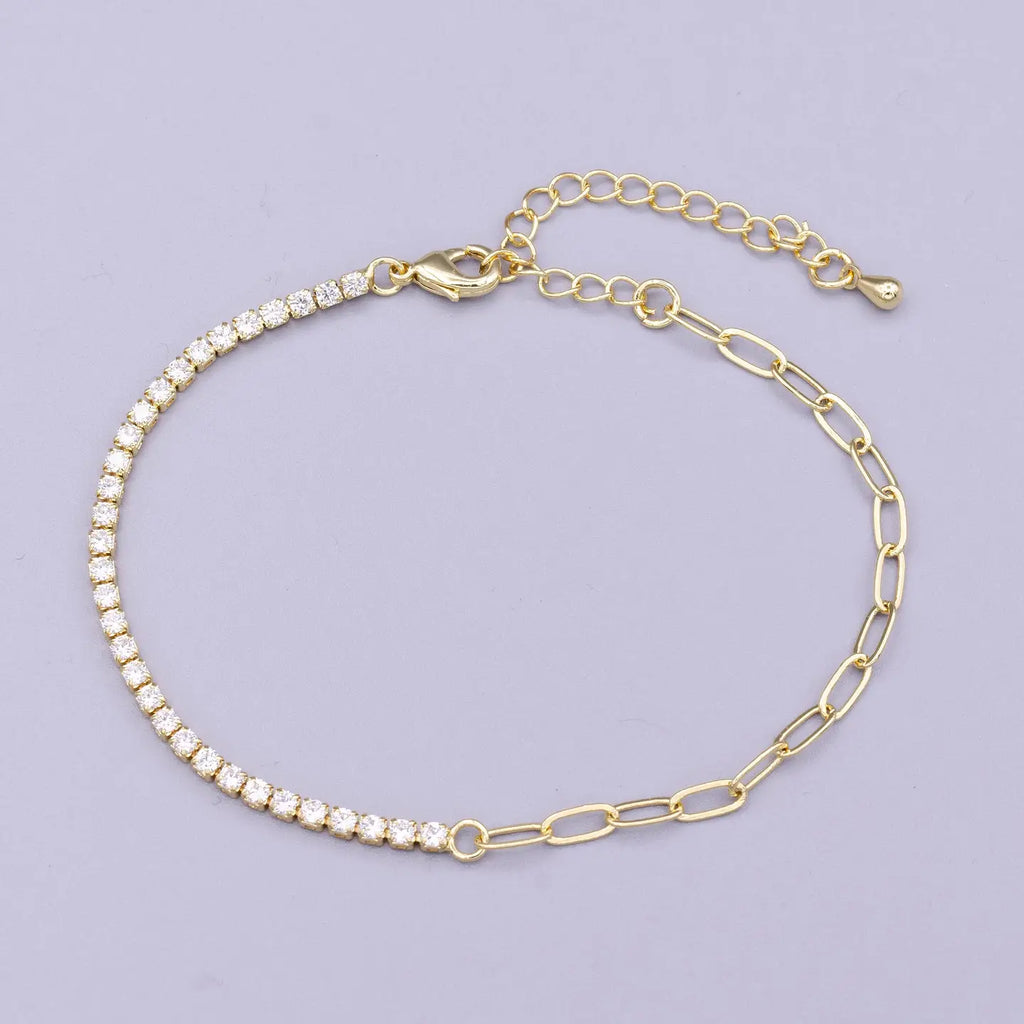 7" Gold Filled Half Tennis Half Paperclip Chain Bracelet