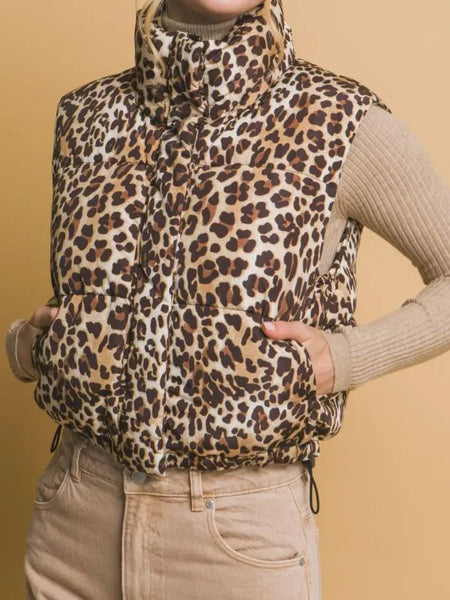 Leopard Print Zip Up Puffer Vest