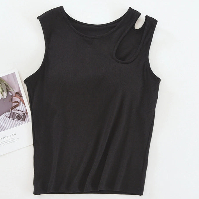 Rib Knit Built-in Bra Tank Top with Shoulder Cutout