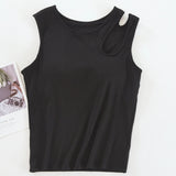 Rib Knit Built-in Bra Tank Top with Shoulder Cutout