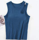 Rib Knit Built-in Bra Tank Top with Shoulder Cutout