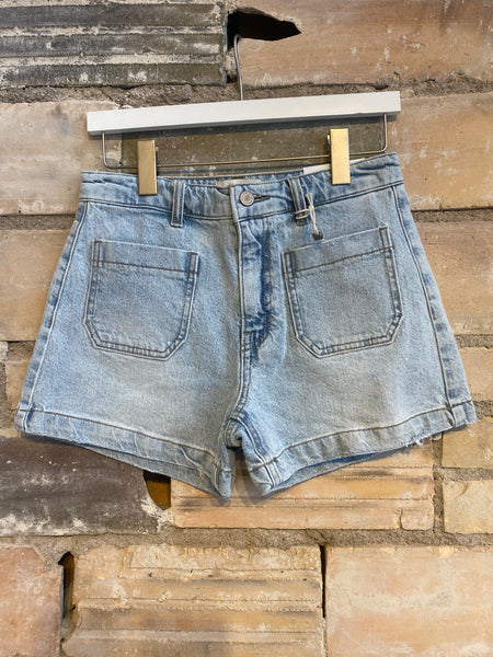 KanCan High Rise, Front Patch Pocket, Light Wash Shorts