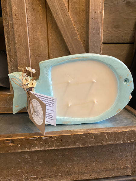 Rush River Teal Fish Wooden Bowl Candle