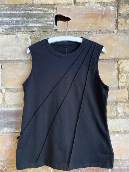 Solid Color Crew Neck Pleated Tank Top