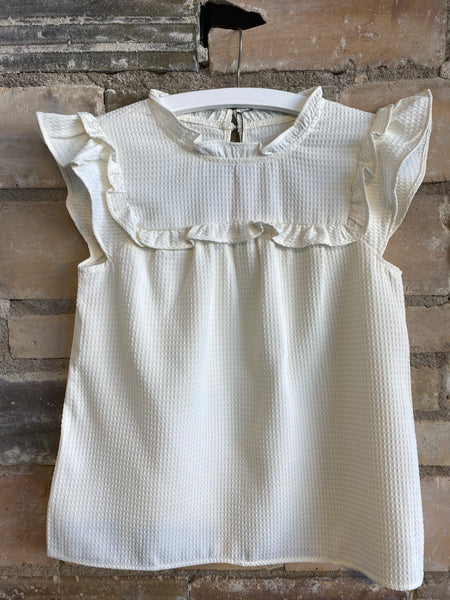 Solid Color Ruffle Trim Waffle Knit Blouse