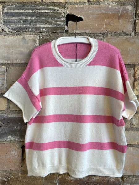 Stripe Dropped Short Sleeve Lightweight Knitted Blouse