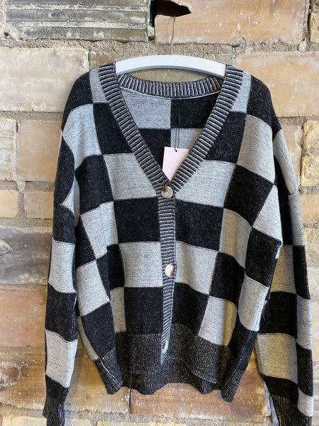 Checkered Drop Shoulder Buttoned V Neck Cardigan