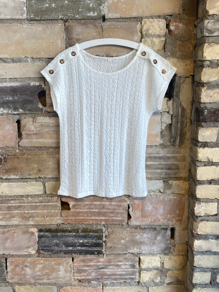 Solid Crewneck Button Short-Sleeved Cut-Out Top