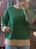 Loose Fit Color Block Round Neck Sweater (Beige/Green)