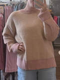 Loose Fit Color Block Round Neck Sweater (Beige/Pink)