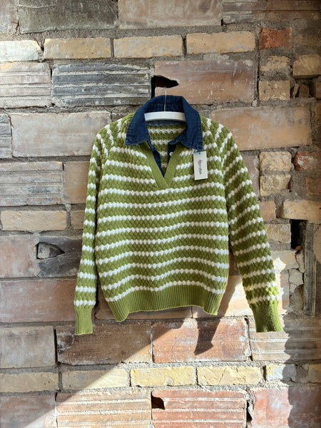 Green/White Striped Sweater with Denim collar