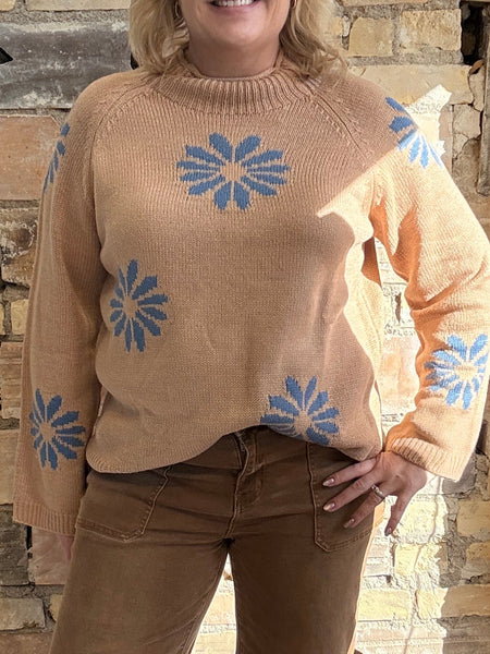 Khaki Floral Knit Sweater Women Ribbed Pattern
