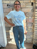 Sky Blue Leopard Frayed Edge Wide Leg High Waist Jeans