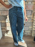 Sky Blue Leopard Frayed Edge Wide Leg High Waist Jeans