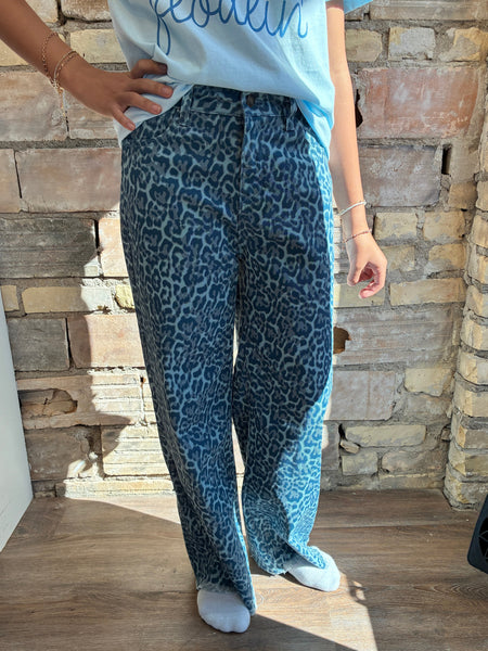 Sky Blue Leopard Frayed Edge Wide Leg High Waist Jeans