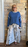 White with Blue Floral wide leg palazzo pants with tied waist