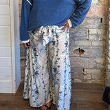 White with Blue Floral wide leg palazzo pants with tied waist