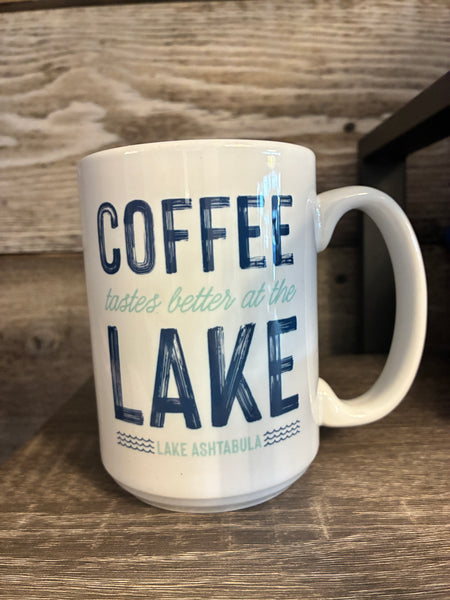 "Coffee Tastes Better at the Lake- Lake Ashtabula" mug