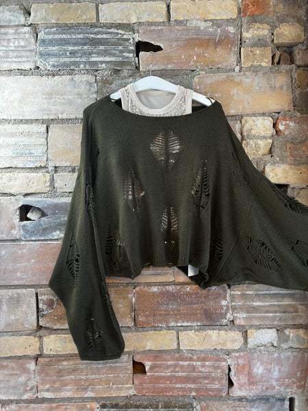 Plus Size Olive Distressed Crop Long Sleeve Sweater