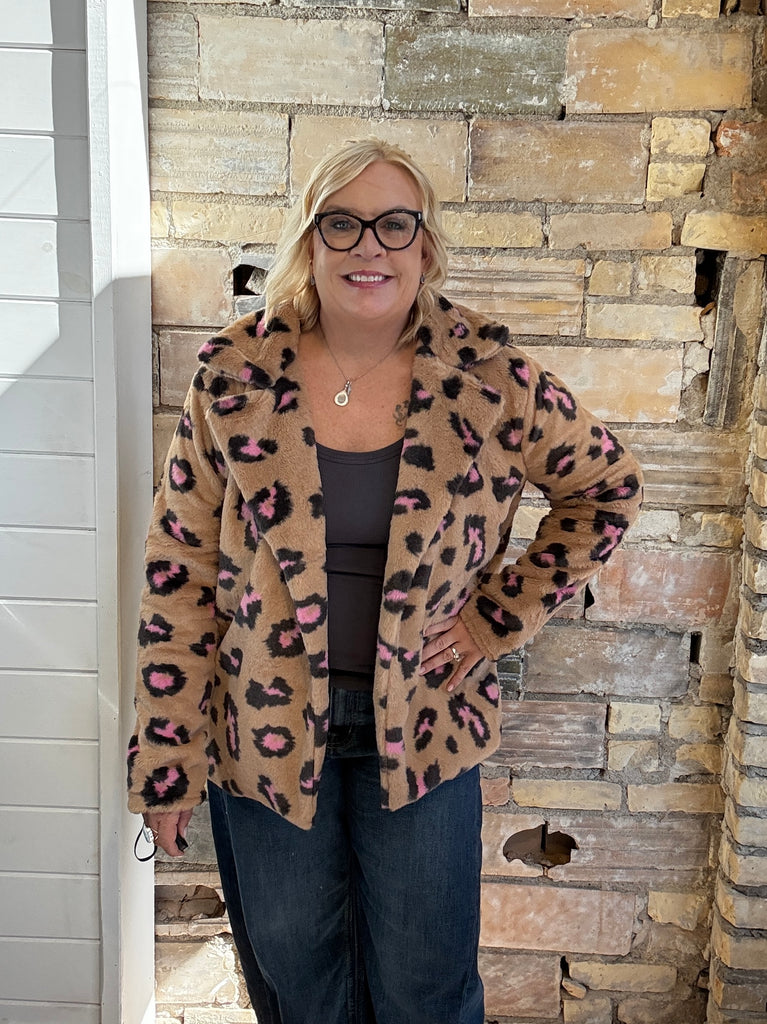 Pink Leopard Print Faux Fur Teddy Coat Jacket
