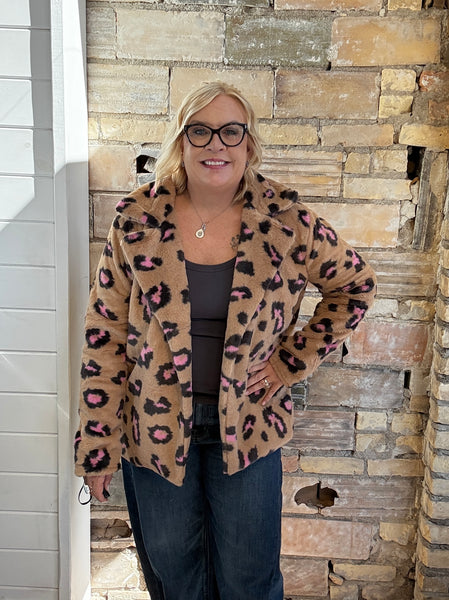 Pink Leopard Print Faux Fur Teddy Coat Jacket