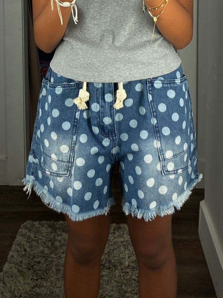 Polka Dot Denim Shorts with Rope Belt