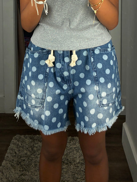 Polka Dot Denim Shorts with Rope Belt