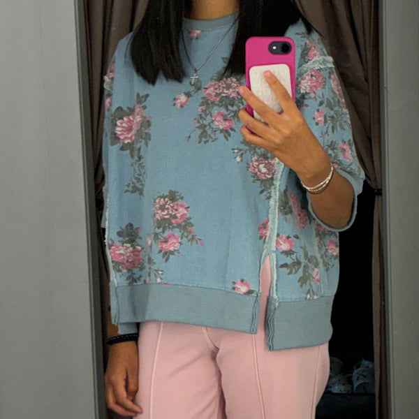 Flower Printed Denim Open Seam Detail Top
